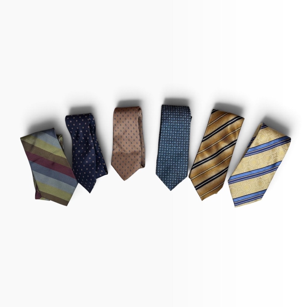 Mens Silk Necktie Lot 6pc Mixed Designer Patterns Gold Blue Navy Professional